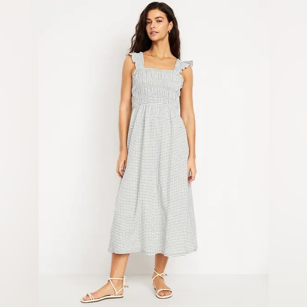 Old Navy Fit & Flare Lightweight Smocked Gingham Midi Dress
